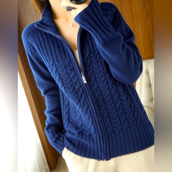 Navy Blue Cable Knit Zip-Up Sweater - Picture 1 of 5